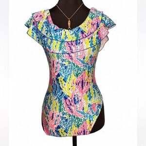 Lilly Pulitzer Colorful Coral/Fish Print One Piece Swimsuit w ruffled collar